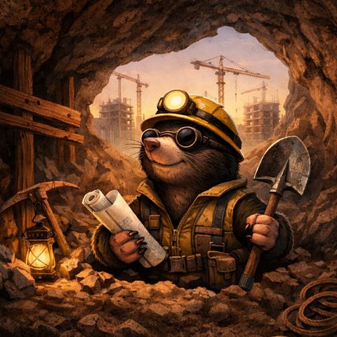 WinLEW's mole in a hard hat and goggles, holding blueprints and a shovel, with cranes building a city behind it.